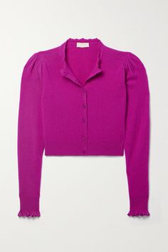 Ulla Johnson's 'Jana' cardigan is made from magenta cashmere that not only feels great against skin, but also has a striking appearance that adds energy to your outfit. It's designed for a slim fit with gently puffed shoulders and a cropped hem. The ruffled trims add to its femininity. Pink Cashmere Cardigan For Fall, Luxury Fitted Cashmere Cardigan, Magenta Cardigan, Patterned Cardigans, Collar Cardigan, Ruffle Collar, Cashmere Cardigan, Knitwear Cardigan, Cropped Cardigan