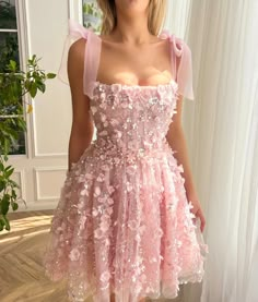 Blooming Serenade Mini Dress | Teuta Matoshi Dresses With 3d Flowers, Pink Homecoming Dresses Short, 2 Piece Homecoming Dress, Dresses Short Pink, Pink Homecoming Dresses, Teuta Matoshi, Fest Outfits, Flora Dress, Mini Homecoming Dresses