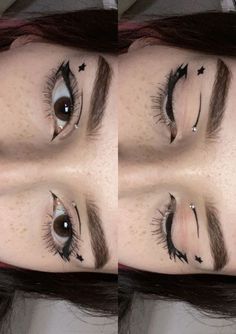 Eyeliner Concert, Star Makeup Eyeliner, Star Eyeliner Stamp Looks, Eyeliner Stars Makeup, Hooded Eyeliner Looks, Eye Makeup With Stars, Cute Eyeliner Designs, Celestial Eyeliner, Star Eyeliner Stamp