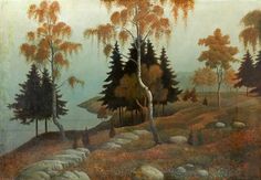 a painting of trees and rocks on a hill