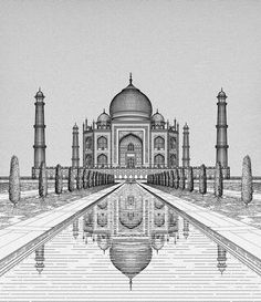 an artistic drawing of the tajwa mosque in india, with its reflection in the water