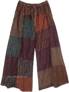 Patchwork pieces washed in brown, purple, green and rust come together to create this magical salad mix bohemian pants. The pants are wide on the hips and wide on the legs, and in fact the pattern comes down straight wide. #tlb #SplitSkirtsPants #Patchwork #bohemianfashion #Handmade #JuniorPetite #XLPlus #PetiteHippiePants #GrayPatchworkPants Festival Brown Patchwork Bottoms, Hippie Brown Bottoms For Fall, Hippie Style Brown Bottoms For Festival, Bohemian Brown Cotton Pants, Brown Hippie Bottoms For Festival, Hippie Style Brown Festival Bottoms, Brown Bohemian Pants For Festival, Bohemian Brown Pants For Festival, Hippie Style Wide Leg Brown Bottoms