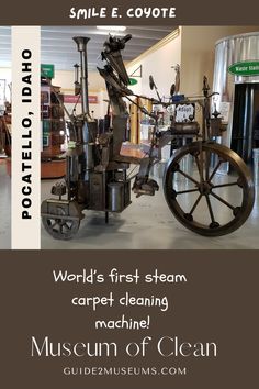 an old fashioned steam engine is on display in a museum with the words world's first steam carpet cleaning machine museum of clean