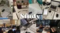 a collage of photos with the words study on them and images of people working at their desks