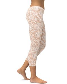 We created a faux lace pattern that is sexy yet soft and sweet at the same time. Wear these White Faux Lace Capris, anywhere and everywhere. The best thing about the color white is that you can combine it with pretty much everything and every color. Please note: these capris are not made of actual lace. Feminine White Lace Bottoms, Cream Stretch Lace Bottoms, Cream Lace Stretch Bottoms, White Stretch Lace For Summer, The Color White, Gothic Leggings, High Waist Sports Leggings, Camouflage Leggings, Leggings Gym