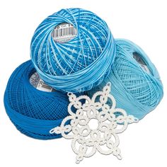 three skeins of blue yarn next to each other