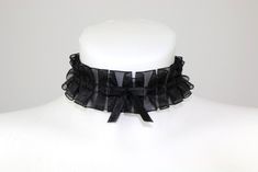 Handmade frilly choker with black bow. Fits 30-38 cm (11-15 inch) neck ~ Black Ribbon Choker As A Gift, Black Ribbon Choker For Gifts, Black Ribbon Choker Gift, Adjustable Bow Choker For Parties, Adjustable Bow Choker For Party, Black Ribbon Choker For Party, Cute Adjustable Choker For Parties, Cute Adjustable Black Choker, Adjustable Black Ribbon Party Choker