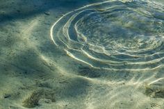 the water is clear and blue with small waves in it's bottom half, as seen from above