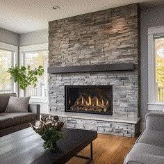 a living room with a fire place and couches in front of the fireplace,