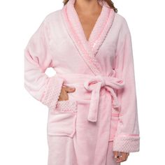 Premium Women Fleece Robe with Satin Trim and Waffle Cuff by Pavilia Accented with satin trim and waffle cuff to give a luxurious feel, our robe is super soft, lightweight, yet warm at the same time. Comes with a waist strap so you can adjust for perfect fit and 2 side pockets to keep all your essentials! The robe is constructed with 260 GSM of high quality microfiber polyester that is soft to touch, easy to care for, and lightweight at the same time. Available in multiple colors to keep you war Cozy Pink Sleepwear For Relaxation, Cozy Pink Sleepwear, Winter Pink Sleepwear For Relaxation, Comfy Pink Sleepwear For Winter, Long Sleeve Winter Robe For Sleepover, Pink Soft Winter Sleepwear, Soft Pink Winter Sleepwear, Comfy Pink Long Sleeve Outerwear, Spa Robes