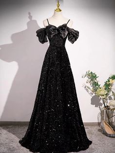 Black Off Shoulder Sparkle Sequined Gown with Puff Black Sweetheart Neckline Dress, Black Long Evening Dress, Prom Dresses Long Black, Long Black Evening Dress, Prom Dress Black, Dark Queen, Black Evening Gown, Queen Aesthetic, Black Off Shoulder