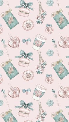 a pink wallpaper with tea cups and other items on it's side,