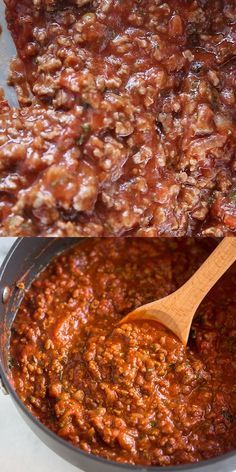 two pictures of food being cooked in a pot and then stirred with a wooden spoon