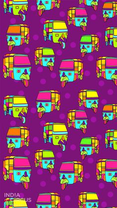 colorful bus pattern on purple background with polka dots