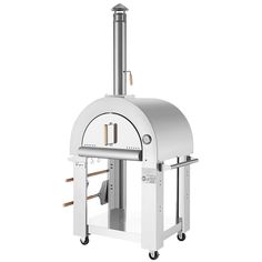 an outdoor pizza oven on wheels with the door open