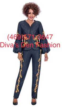 Dorinda Clark 2322  2pc Denim Pant Suit  Colors: Navy  Sizes: 8, 10, 12, 14, 16, 16W, 18, 18W, 20W, 22W, 24W, 26W Casual Long Sleeve Denim Set, Casual Denim Set With Long Sleeves, Fitted Blue Denim Sets, Fitted Denim Sets For Spring, Spring Denim Fitted Sets, Suit Colors, Pant Suit, Innovative Fashion, Fall 2023