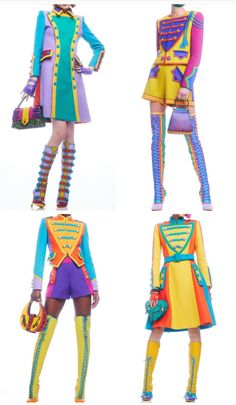 four different views of the same woman's outfit and shoes, all in multicolored colors