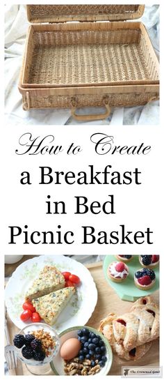 breakfast in bed picnic basket with text overlay reading how to create a breakfast in bed picnic basket