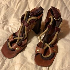 Very Cool, 60’s Vibe Rope Sandal With Stacked Wood Heels. Prefect Summer Sandal With Denim Or Dresses, Can Go Either Nautical, Mod Or Boho. Miu Miu Is Sister Brand To Prada By Miucia Prada. Made In Italy. Mcm Vibes. Vintage Miu Miu, Wood Heels, Rope Sandals, Miu Miu Shoes, Wood Heel, Vintage Shoes, Sandals Summer, Miu Miu, Shoes Women Heels