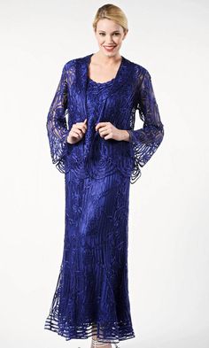 This elegant three-piece evening dress features scallop hem lines, with gentle draping designed to flatter a woman’s curves. Top and dress lined with soft silk for extra comfort, and unlined jacket highlight Soulmates signature hand-embroidered beading. Hem is designed for ease of alterations, so it could be shortened without changing the look of the dress. 100% Silk Hand-made Fully-lined Dry Clean Imported Gown With Jacket, Tea Length Dress, Mother Of Bride Outfits, Mother Of The Bride Gown, Terani Couture, Scallop Hem, Mob Dresses, Long Sleeve Sequin, Column Dress