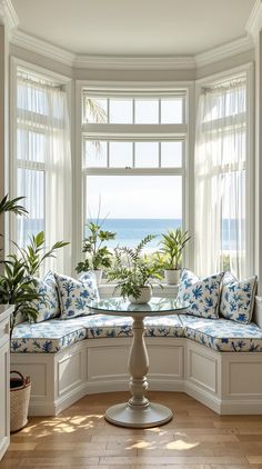 Coastal Kitchen Ideas Bay Window Breakfast Nook Ideas, Beach Bungalow Interior, Bay Window Breakfast Nook, Minimalist Coastal, Cozy Breakfast, Cozy Breakfast Nook, Coastal Colors, Kitchen Concepts