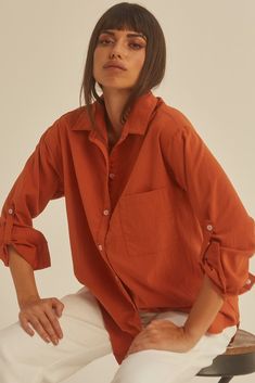 Oversized Button Down Shirt, Fuzzy Cardigan, Texture Fabric, Minimalist Chic, Blouse Short Sleeve, Orange Shirt, Oversized Blouse, Tops Online, Kimono Sleeve