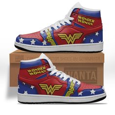 Wonder Woman J1 Shoes Custom Super Heroes Sneakers-Gear Wanta J1 Shoes, Wonder Woman Shoes, Wonder Woman Logo, Shoes Custom, Woman Shoes, Shoe Gifts, Trendy Sneakers, Custom Sneakers, Painted Shoes