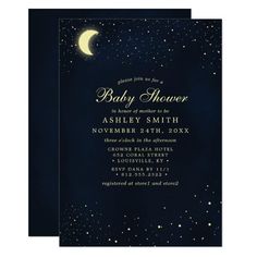 an engagement party card with the moon and stars in the night sky, on top of a