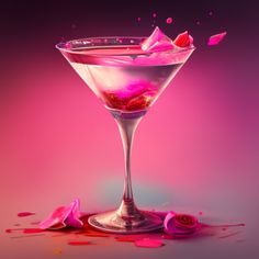 a martini glass filled with pink liquid and rose petals on a purple background that appears to have spilled into it