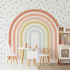 a child's play room with rainbow wallpaper and polka dots on the walls