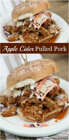 two pictures of pulled pork sandwiches on a plate