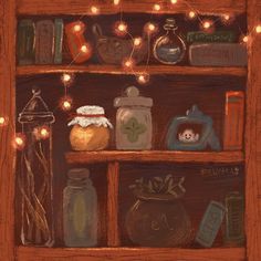 a painting of books, jars and other items on a shelf with lights in the background