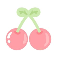 two cherries with green stems sticking out of the top one is pink and the other is green