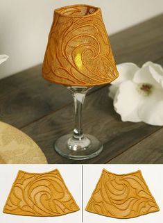 the lamp shade is made out of wood and has an intricate design on it's side