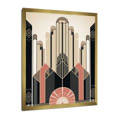 an art deco style painting on canvas with gold trimmings and black and white architecture