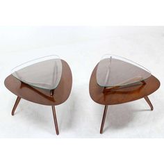 pair of mid century modern glass and wood side tables