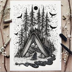 a black and white drawing of a tent in the woods