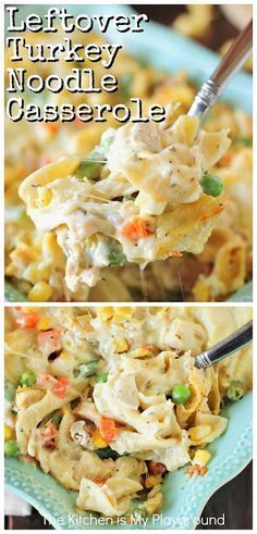 two pictures of different types of food on a plate with the words leftover turkey noodle casserole