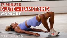 a woman doing an exercise on a mat with the words 17 minute glute + hamstring workout