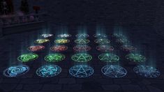 an array of glowing orbs on the floor in front of a brick wall,