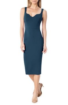 Turn heads in this sleek, shapely dress styled with an eye-catching notched neckline and an airy vented back. 43" length (size Medium) Back zip closure Sweetheart neck Sleeveless Lined 96% polyester, 4% spandex Dry clean or hand wash, flat dry Imported Women's Clothing Blue Sleeveless Midi Dress With Fitted Bodice, Elegant Sleeveless Bodycon Dress With Straight Neckline, Blue Bodycon Dress With Fitted Bodice, Elegant Blue Midi Dress With Straight Neckline, Elegant Blue Sheath Sleeveless Dress, Elegant Blue Bodycon Dress With Asymmetrical Neckline, Sleek Blue Sleeveless Dress, Dress The Population, Sleeveless Sheath Dress