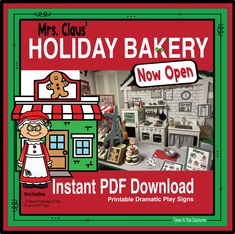 the front cover of mrs claus's holiday bakery now open instant printable