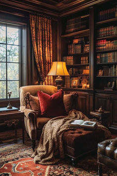 a living room filled with lots of furniture and bookshelves next to a window