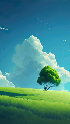 a painting of a tree in the middle of a green field with blue sky and clouds