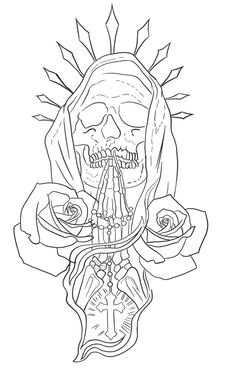 a drawing of a skull with roses on it