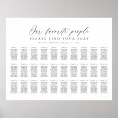 the seating chart for an event is shown in black and white, with calligraphy on it