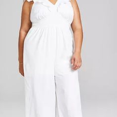 Brand New With Tags. White Cotton Wide Leg Jumpsuit. Ruffled Front And Back. Ties In Back. White Jumpsuit, Wide Leg Jumpsuit, Then And Now, White Cotton, And Now, Pant Jumpsuit, Wide Leg, Color White, Pants For Women