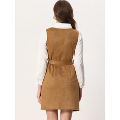 This overall dress is made up of several design points: Pinafore, Pockets, Solid color, Round neck, Faux suede, Sleeveless, Zip front, A-line, Side pockets, Unlined, Above Knee Length. Suit for daily wear, office business wear in fall and winter. Occasions: Christmas Party, Office, Work, Meetings, Formal Ceremony, Casual, etc. The measurement of length is from shoulder to bottom. Sleeveless Beige Mini Dress For Fall, Beige Sleeveless Mini Dress For Fall, Sleeveless Brown Mini Dress For Work, Brown Sleeveless Mini Dress For Work, Brown Sleeveless Knee-length Dress For Work, Brown Knee-length Sleeveless Dress For Work, Work Meetings, Business Wear, Office Business