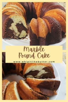 marble pound cake on a plate with slices cut out