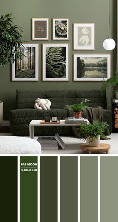 a living room with green walls and pictures on the wall, including plants in vases